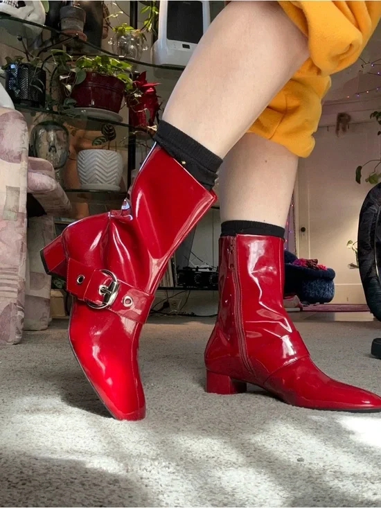 Franco Sarto Red Patent Mid-Calf Buckle Boots - Picture 5 of 9